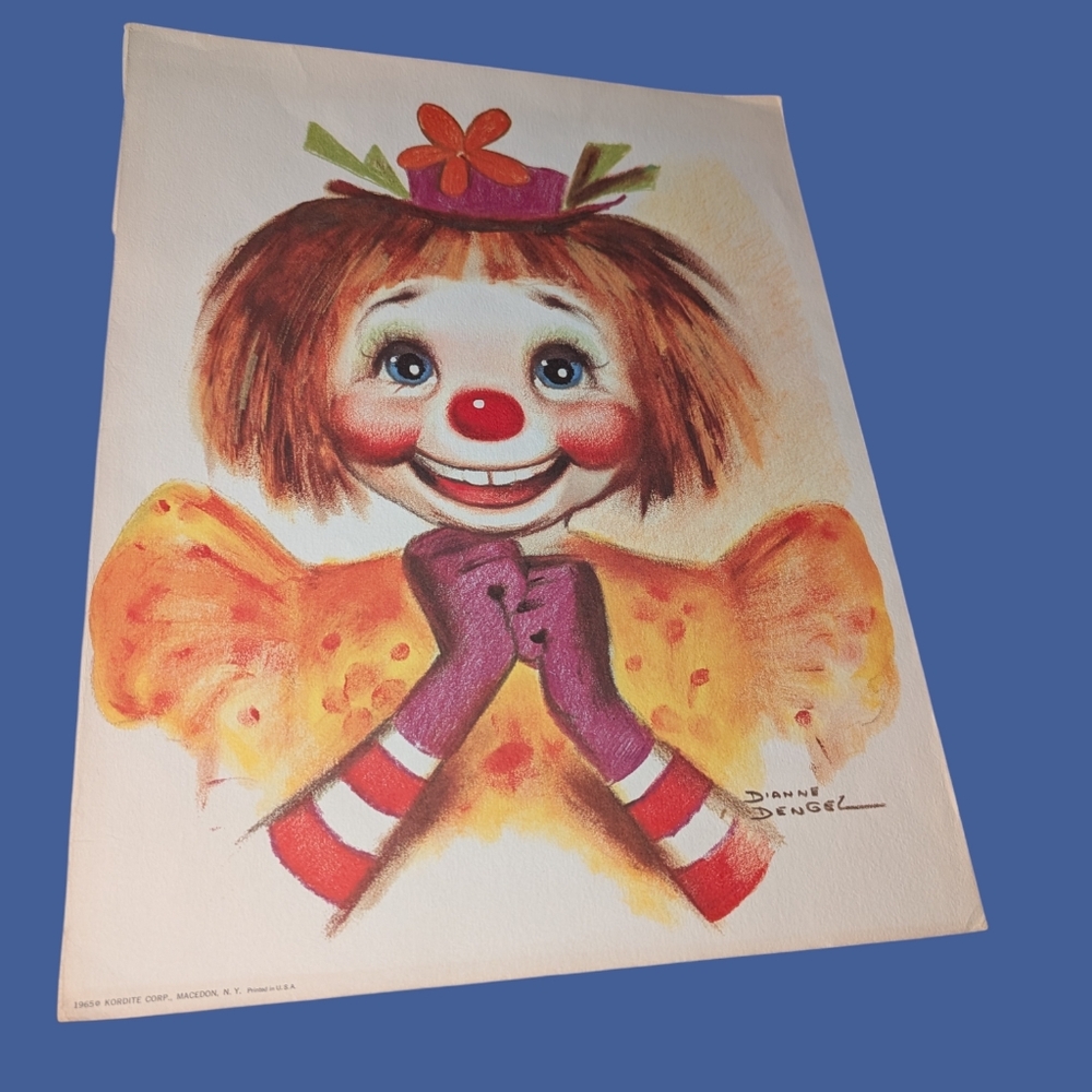 Vintage 1960’s Dianne Dengel clown lithograph 10.5”x 14” print